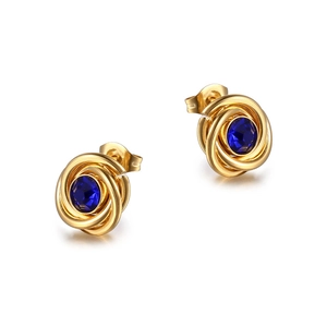 Golden swirl stud earrings with round blue crystal center for women and men