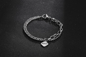 Detail eines Titanstahl-Armbands mit drei Kettentypen und WITH GOD graviertem Anhänger