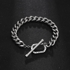 Men Bold Stainless Steel Cuban Link Bracelet With Toggle Clasp Inspirational Engraved Quote Silver Jewelry Accessory