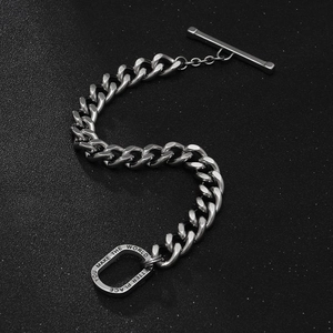 Silver stainless steel Cuban chain bracelet for men with T-bar clasp and engraved circular charm