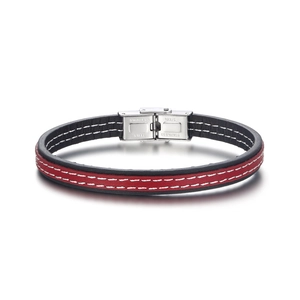 Bracciale da uomo in pelle intrecciata retrò con cuciture rosse e nere e fibbia in acciaio