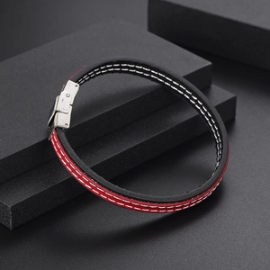 Bracciale retrò in pelle intrecciata rossa e nera per uomo con chiusura in acciaio e cuciture bianche