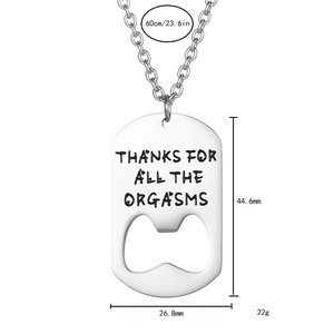 Close-up of bottle opener dog tag pendant with 60cm chain and size measurements