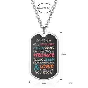 Detail of custom military dog tag necklace for son with size and weight dimensions