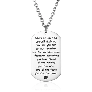 Polished titanium steel dog tag necklace with engraved inspirational text and heart
