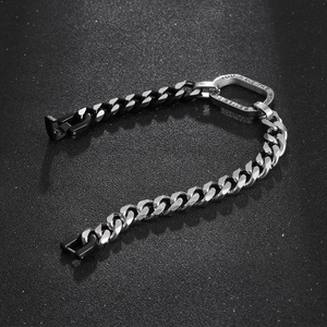 Bracelet cubain industriel en acier bicolore argent et noir avec plaque rectangulaire