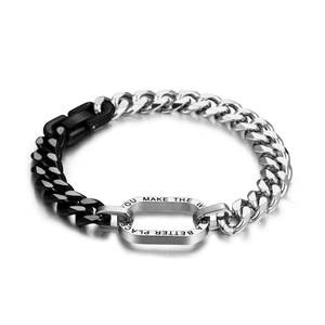 Bracelet à grosse chaîne bicolore argent et noir avec maillon en métal gravé unisexe