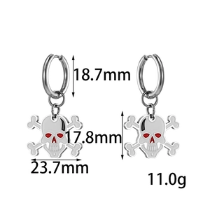 Detailed dimensions of stainless steel skull earrings with red and white enamel finish
