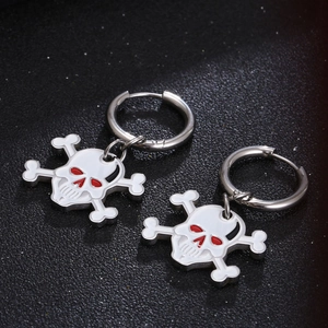 Punk rock skull and crossbones drop earrings with white enamel and red eye accents