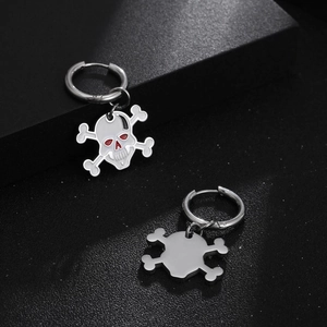 Silver skull and crossbones earrings for Halloween, front and back view on black stand