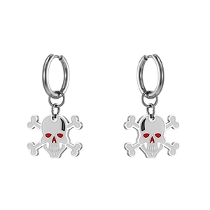 Silver skull and crossbones hoop earrings with red eyes in stainless steel