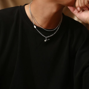 Silver double layer necklace for men featuring a stylish guitar pendant in rock style