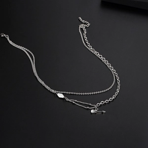 Silver triple-layer necklace with guitar pendant and adjustable chains for unisex wear