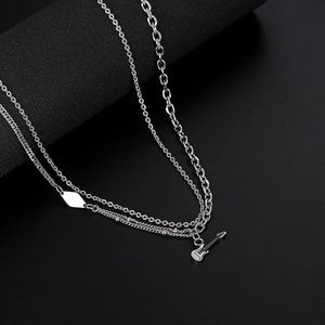 Multi-layer silver guitar pendant necklace with stainless steel O-chains and rhombic tag