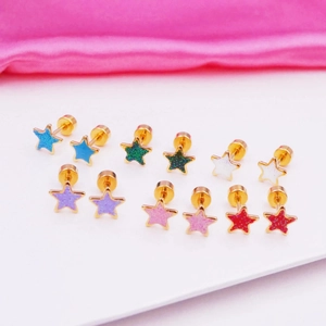 Set of six pairs of colorful star stud earrings in gold plated stainless steel