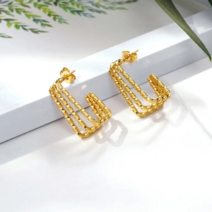 Vintage Stainless Steel Triple Layer Twisted Rope Geometric Hoop Earrings For Women Gold Plated Rectangular U-Shaped Jewelry