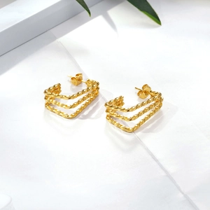 Modern triple layered twisted gold hoop earrings for women in polished stainless steel
