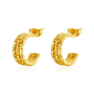 Gold plated multi-layered C-shaped earrings with diamond-cut diamond pattern texture