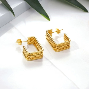 Geometric Rectangular Stainless Steel Stud Earrings For Women Minimalist Braided Wheat Pattern Gold Plated Jewelry