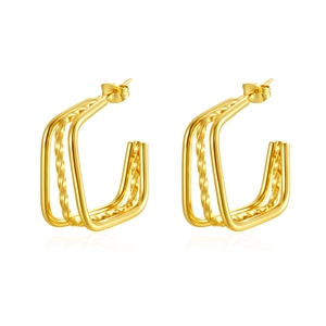 Three-tier layered C-shape earrings in gold plating with smooth and twisted texture