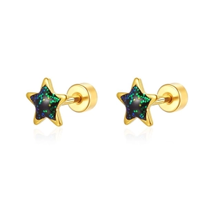 Goldene Sternohrringe mit schwarz-grünem Glitzer-Inlay und sicherem Schraubverschluss