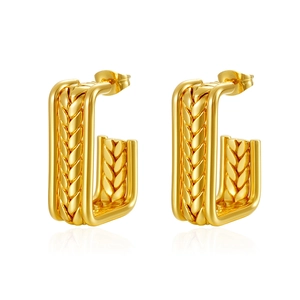 Golden rectangular hoop earrings with triple-layered vertical lines and woven wheat texture