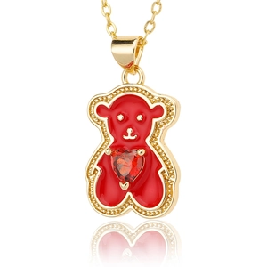 Golden necklace featuring a red enamel bear pendant with a heart-shaped zircon stone