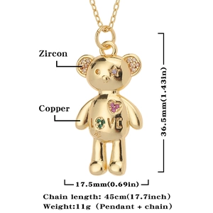 Detailed size chart for teddy bear pendant necklace with 36.5mm height and colorful zircon