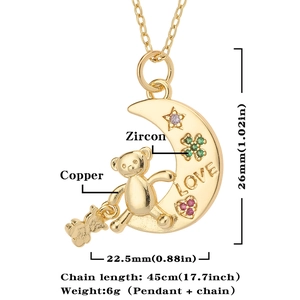 Detailed view of moon and bear pendant with zircon stars and clover, size 26x22.5mm