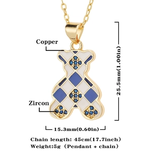 Detailed size and material spec of the copper teddy bear pendant with blue zircon