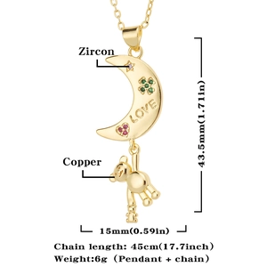 Detailed view of copper moon and bear pendant necklace with zircon inlay and dimensions