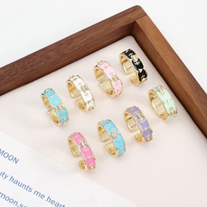 Vintage Kupfer Emaille Krone Verstellbarer Offener Ring Mit Zirkonia Retro Herz Muster Tropföl Fingerring Für Damen Schmuck