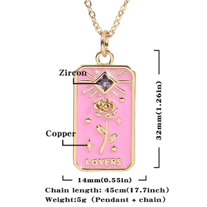Detailed view of rectangle necklace with pink enamel, golden rose and LOVERS engraving