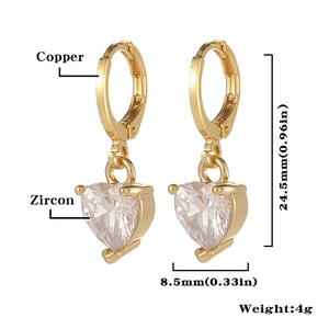 Tableau des tailles pour boucles d'oreilles cœur en zircone, 24,5mm de hauteur totale
