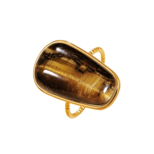 Anillo vintage de acero inoxidable dorado con una gran piedra ojo de tigre y banda trenzada