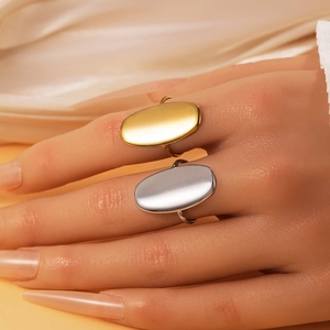Anello ovale minimalista in acciaio inossidabile opaco, finiture oro e argento