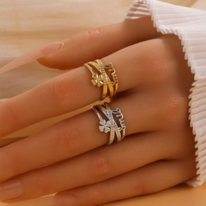 Chic geometric layered stainless steel rings with clover and Smile letter charms