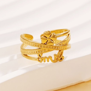 Chic gold multi-layered stainless steel ring with clover and smile letter engraving