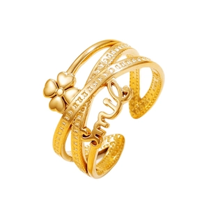 Chic gold-plated multilayer crisscross open ring featuring a clover and smile engraving