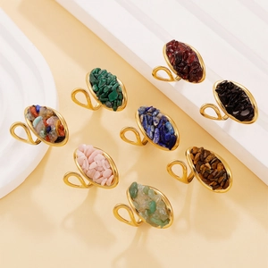 Bague Ouverte en Acier Inoxydable Vintage Incrustation de Pierre Naturelle Concassée Ovale Géométrique Réglable pour Femme