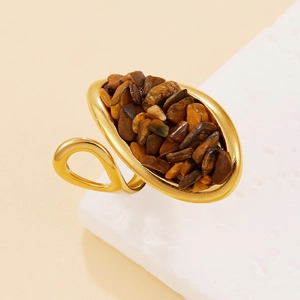 Bague vintage ajustable en acier inoxydable doré avec pierres naturelles brunes