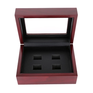 Premium wood grain ring display box with 4 slots and a clear glass window top