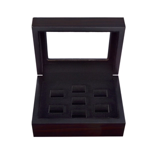 6-slot wooden sports ring display box with dark mahogany finish and clear glass window