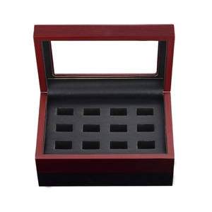 Boîte à bijoux en bois à 12 fentes avec fenêtre en verre pour bagues et boutons