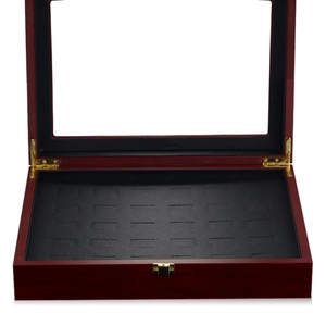 Exquisite reddish-brown wooden jewelry ring display box with 30 slots and glass window