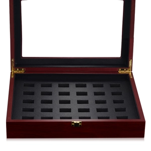 Macro view of wooden ring display box with 24 slots, glass window, and metal hinges