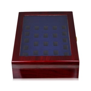 Close-up of wooden display box with 20 slots blue velvet interior and glass lid