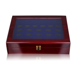 Brown wooden jewelry display case with glass window, 24 slots, and blue velvet interior