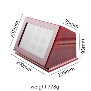Slanted 12-slot wooden ring storage box with transparent window and mahogany texture