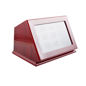 Wooden display box with slanted glass window and white grid interior for jewelry storage